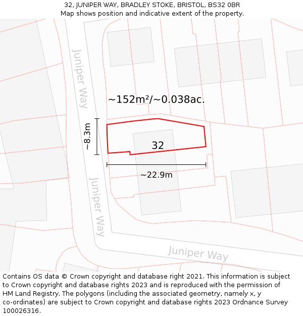 32, JUNIPER WAY, BRADLEY STOKE, BRISTOL, BS32 0BR: Plot and title map