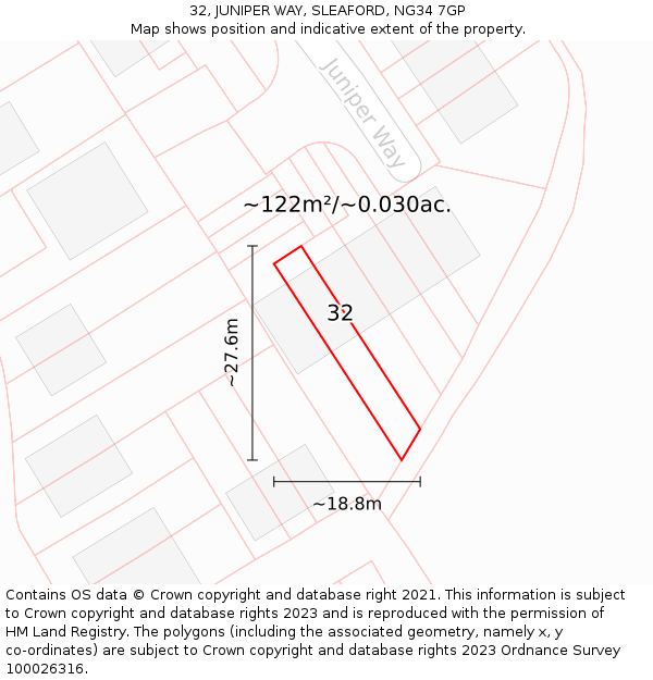 32, JUNIPER WAY, SLEAFORD, NG34 7GP: Plot and title map
