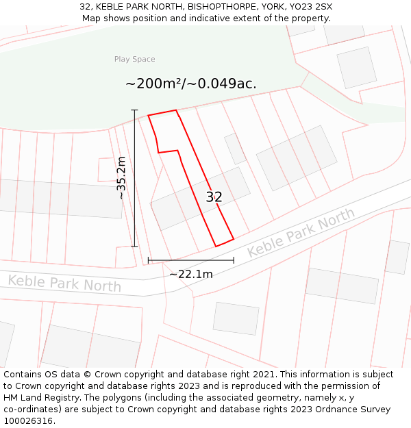 32, KEBLE PARK NORTH, BISHOPTHORPE, YORK, YO23 2SX: Plot and title map