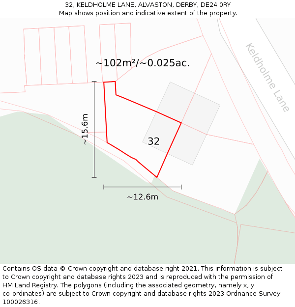 32, KELDHOLME LANE, ALVASTON, DERBY, DE24 0RY: Plot and title map