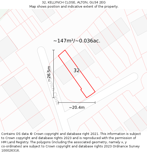32, KELLYNCH CLOSE, ALTON, GU34 2EG: Plot and title map