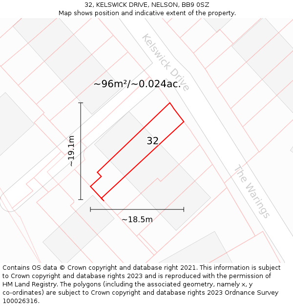32, KELSWICK DRIVE, NELSON, BB9 0SZ: Plot and title map