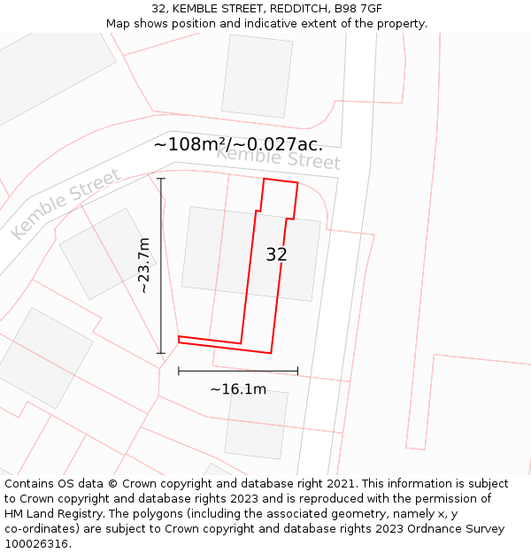 32, KEMBLE STREET, REDDITCH, B98 7GF: Plot and title map