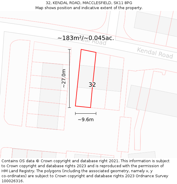 32, KENDAL ROAD, MACCLESFIELD, SK11 8PG: Plot and title map