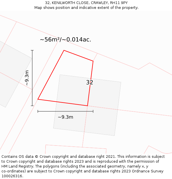 32, KENILWORTH CLOSE, CRAWLEY, RH11 9PY: Plot and title map