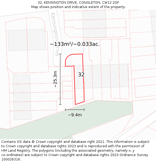 32, KENSINGTON DRIVE, CONGLETON, CW12 2GF: Plot and title map