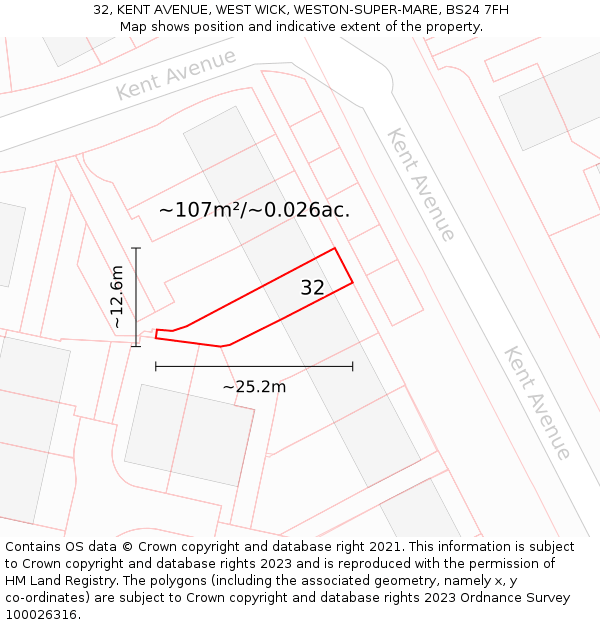 32, KENT AVENUE, WEST WICK, WESTON-SUPER-MARE, BS24 7FH: Plot and title map