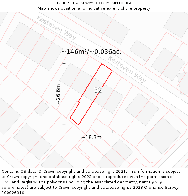 32, KESTEVEN WAY, CORBY, NN18 8GG: Plot and title map