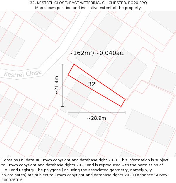 32, KESTREL CLOSE, EAST WITTERING, CHICHESTER, PO20 8PQ: Plot and title map