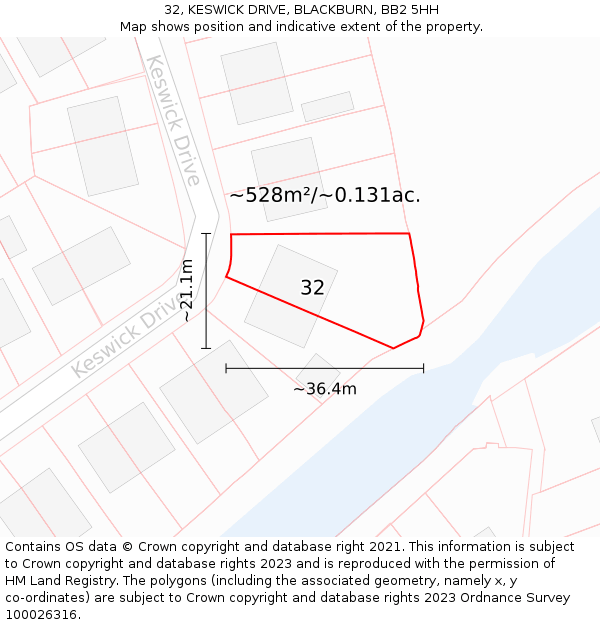 32, KESWICK DRIVE, BLACKBURN, BB2 5HH: Plot and title map