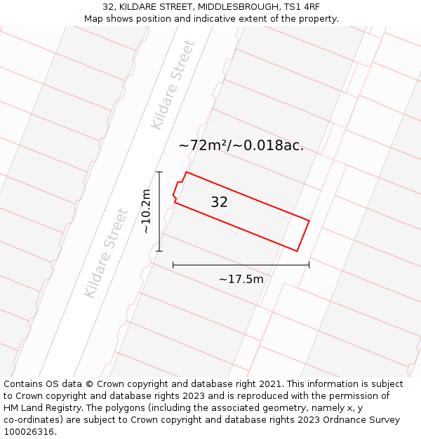 32, KILDARE STREET, MIDDLESBROUGH, TS1 4RF: Plot and title map