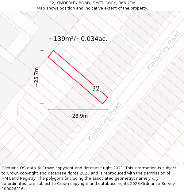 32, KIMBERLEY ROAD, SMETHWICK, B66 2DA: Plot and title map