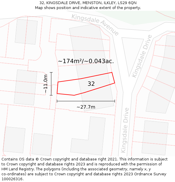 32, KINGSDALE DRIVE, MENSTON, ILKLEY, LS29 6QN: Plot and title map