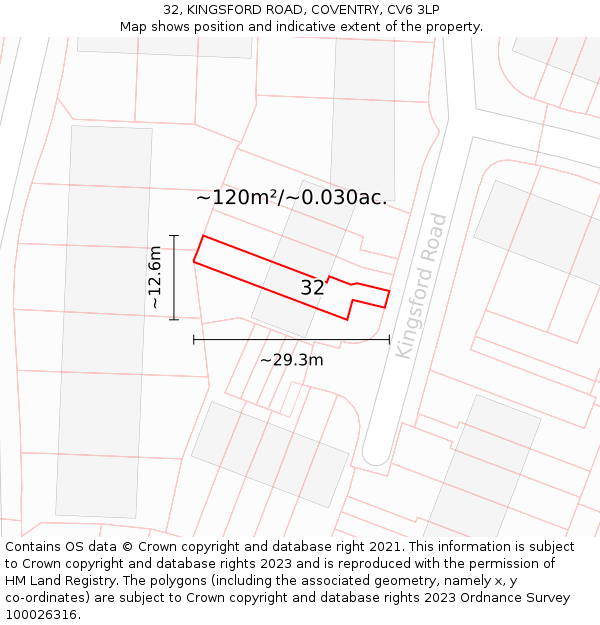 32, KINGSFORD ROAD, COVENTRY, CV6 3LP: Plot and title map
