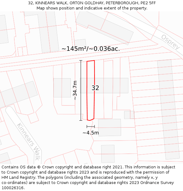 32, KINNEARS WALK, ORTON GOLDHAY, PETERBOROUGH, PE2 5FF: Plot and title map