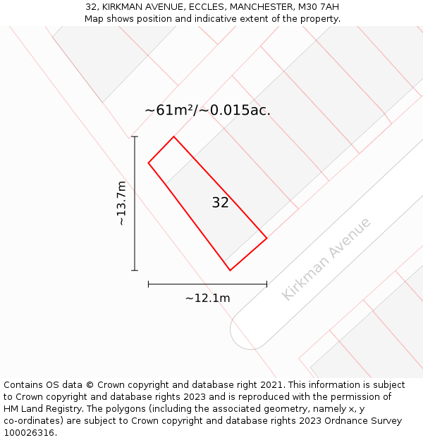 32, KIRKMAN AVENUE, ECCLES, MANCHESTER, M30 7AH: Plot and title map
