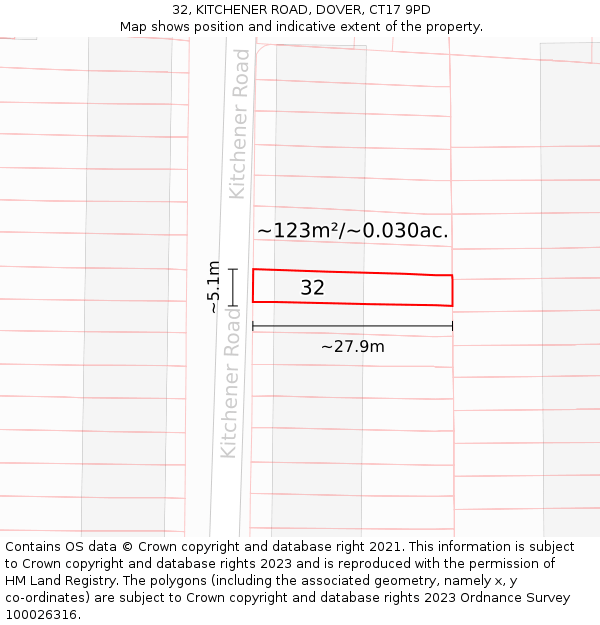 32, KITCHENER ROAD, DOVER, CT17 9PD: Plot and title map