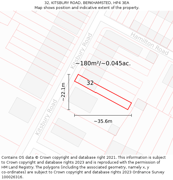 32, KITSBURY ROAD, BERKHAMSTED, HP4 3EA: Plot and title map