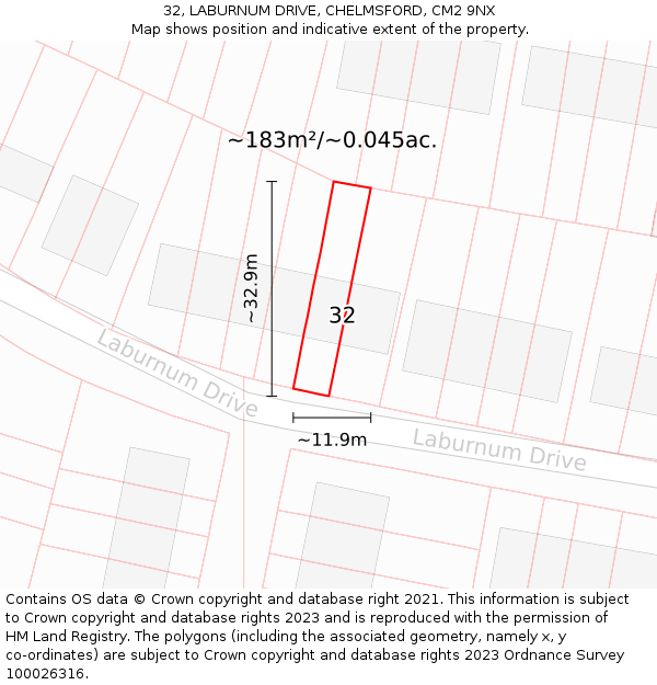 32, LABURNUM DRIVE, CHELMSFORD, CM2 9NX: Plot and title map