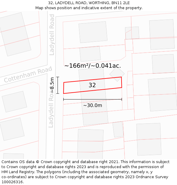 32, LADYDELL ROAD, WORTHING, BN11 2LE: Plot and title map