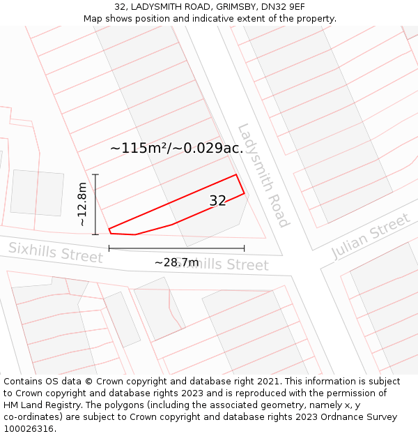 32, LADYSMITH ROAD, GRIMSBY, DN32 9EF: Plot and title map