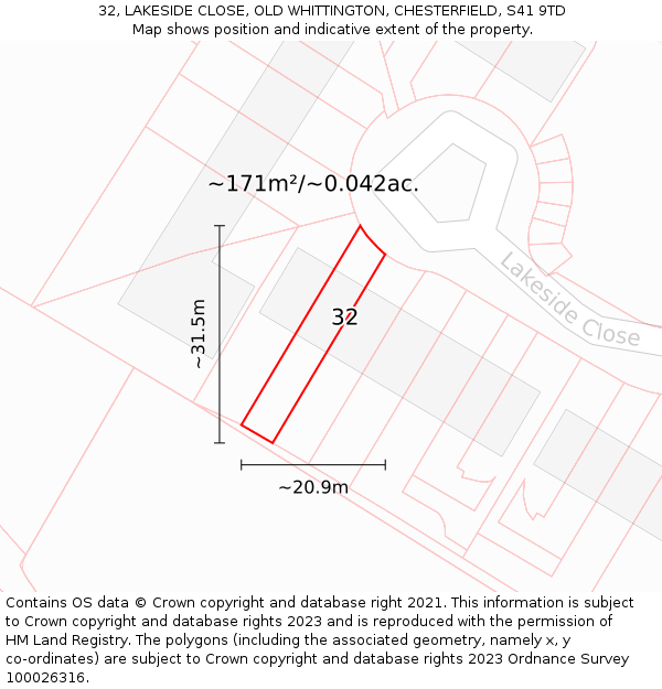 32, LAKESIDE CLOSE, OLD WHITTINGTON, CHESTERFIELD, S41 9TD: Plot and title map