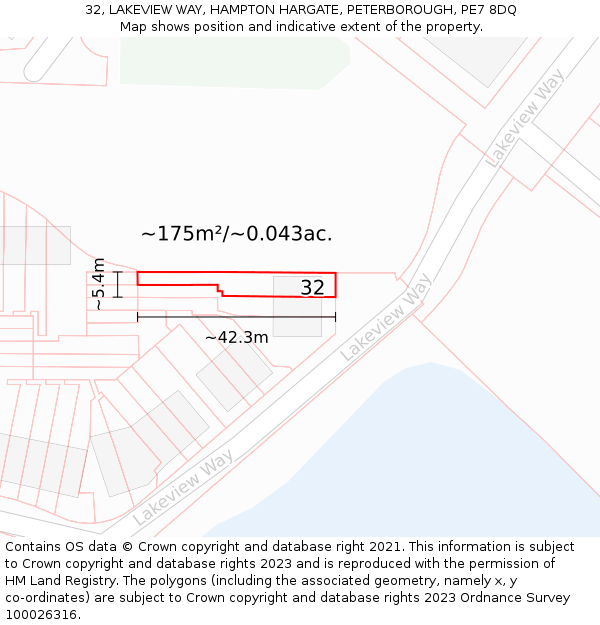 32, LAKEVIEW WAY, HAMPTON HARGATE, PETERBOROUGH, PE7 8DQ: Plot and title map