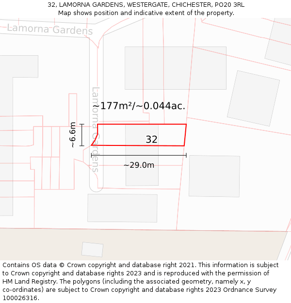 32, LAMORNA GARDENS, WESTERGATE, CHICHESTER, PO20 3RL: Plot and title map