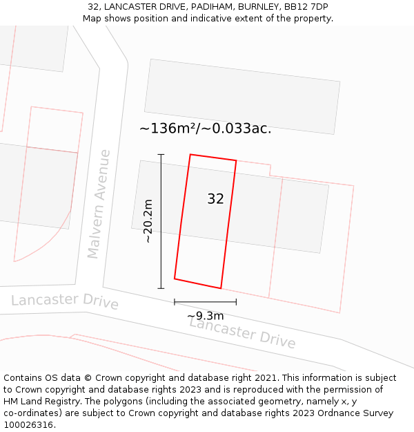 32, LANCASTER DRIVE, PADIHAM, BURNLEY, BB12 7DP: Plot and title map