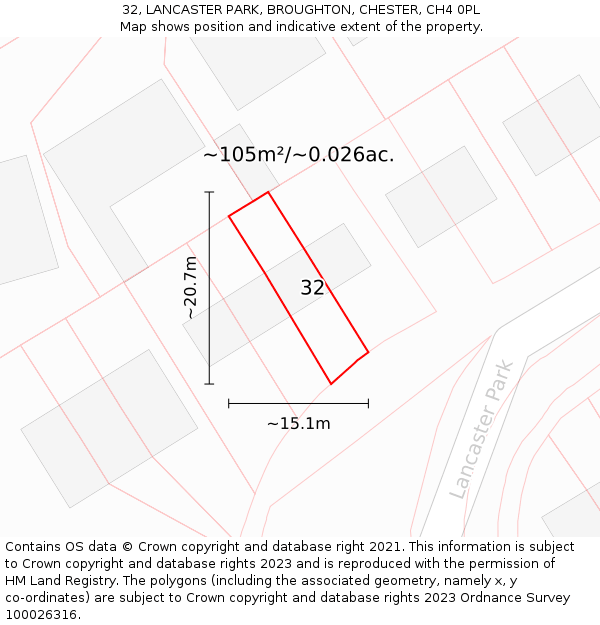32, LANCASTER PARK, BROUGHTON, CHESTER, CH4 0PL: Plot and title map