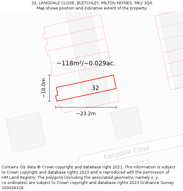 32, LANGDALE CLOSE, BLETCHLEY, MILTON KEYNES, MK2 3QA: Plot and title map
