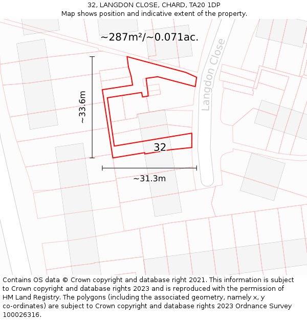 32, LANGDON CLOSE, CHARD, TA20 1DP: Plot and title map