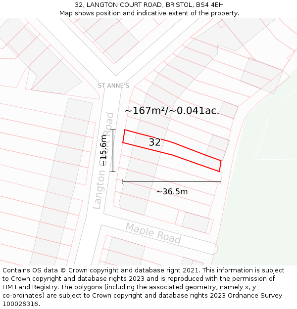 32, LANGTON COURT ROAD, BRISTOL, BS4 4EH: Plot and title map