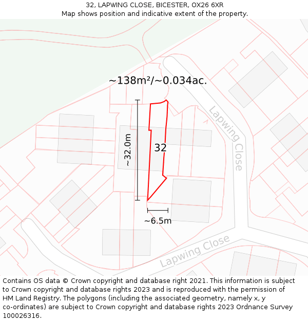32, LAPWING CLOSE, BICESTER, OX26 6XR: Plot and title map