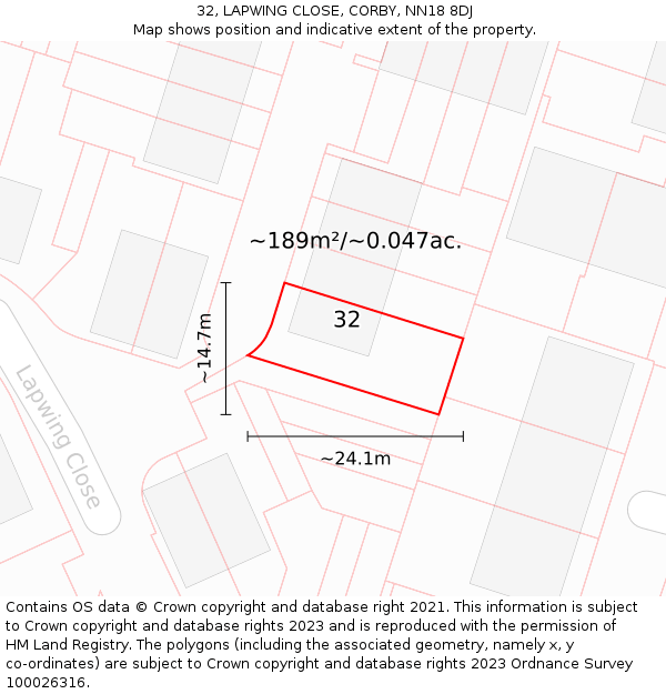 32, LAPWING CLOSE, CORBY, NN18 8DJ: Plot and title map