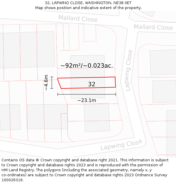 32, LAPWING CLOSE, WASHINGTON, NE38 0ET: Plot and title map