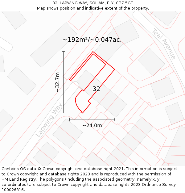 32, LAPWING WAY, SOHAM, ELY, CB7 5GE: Plot and title map