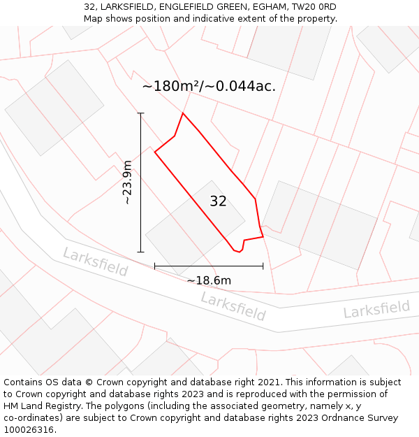 32, LARKSFIELD, ENGLEFIELD GREEN, EGHAM, TW20 0RD: Plot and title map