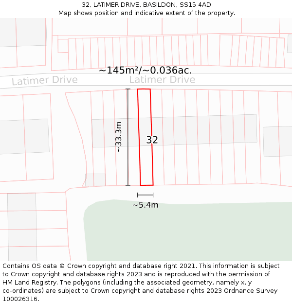 32, LATIMER DRIVE, BASILDON, SS15 4AD: Plot and title map
