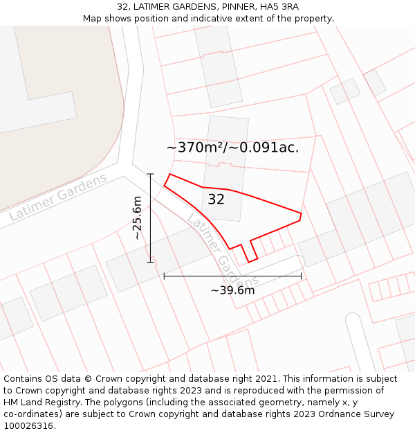 32, LATIMER GARDENS, PINNER, HA5 3RA: Plot and title map