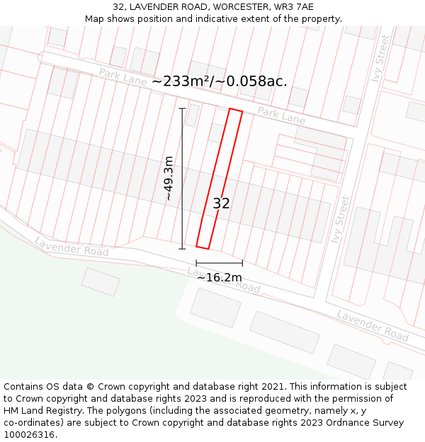 32, LAVENDER ROAD, WORCESTER, WR3 7AE: Plot and title map