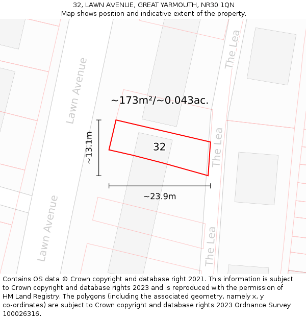 32, LAWN AVENUE, GREAT YARMOUTH, NR30 1QN: Plot and title map