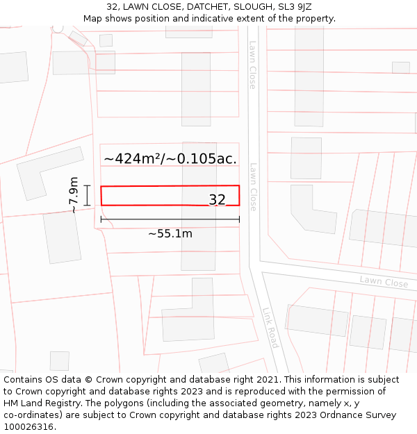 32, LAWN CLOSE, DATCHET, SLOUGH, SL3 9JZ: Plot and title map