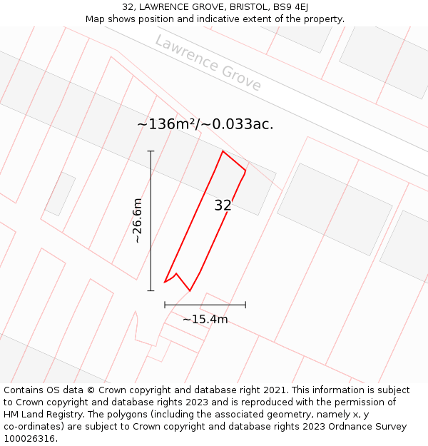 32, LAWRENCE GROVE, BRISTOL, BS9 4EJ: Plot and title map