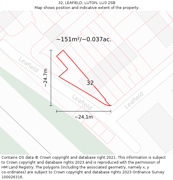 32, LEAFIELD, LUTON, LU3 2SB: Plot and title map