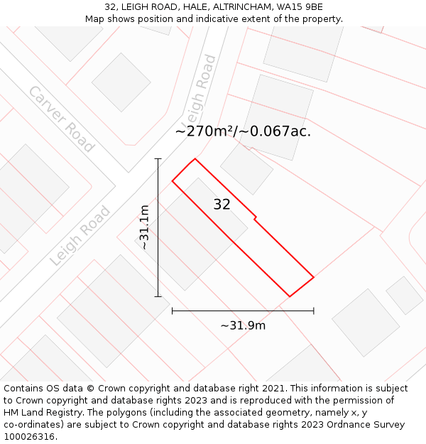 32, LEIGH ROAD, HALE, ALTRINCHAM, WA15 9BE: Plot and title map
