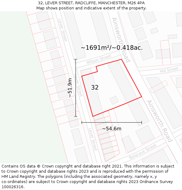 32, LEVER STREET, RADCLIFFE, MANCHESTER, M26 4PA: Plot and title map