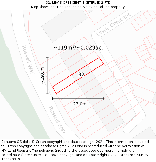 32, LEWIS CRESCENT, EXETER, EX2 7TD: Plot and title map