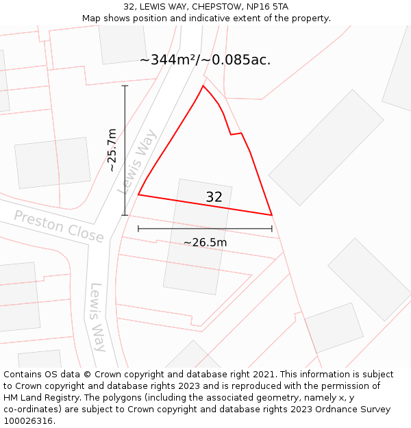 32, LEWIS WAY, CHEPSTOW, NP16 5TA: Plot and title map