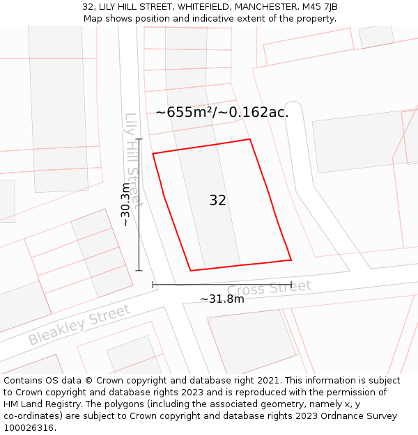 32, LILY HILL STREET, WHITEFIELD, MANCHESTER, M45 7JB: Plot and title map